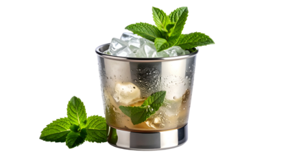 A metallic cocktail glass filled with ice, mint sprigs, and a golden-hued liquid