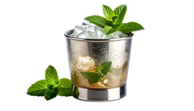 A metallic cocktail glass filled with ice, mint sprigs, and a golden-hued liquid