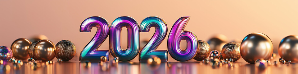 Metallic 3D text 2026 in a festive environment