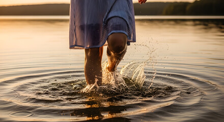 Serene Waterside Retreat Woman in Blue Dress Barefoot Lakeside Bliss Nature's Embrace Summer Day Splashing Ripple Water Serenity Freedom Relaxation Lakeside Sunrays Calm