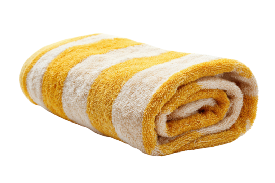 Rolled yellow and white striped terrycloth towel on black background image, Isolated On Transparent Background, Png Cut Out - Powered by Adobe