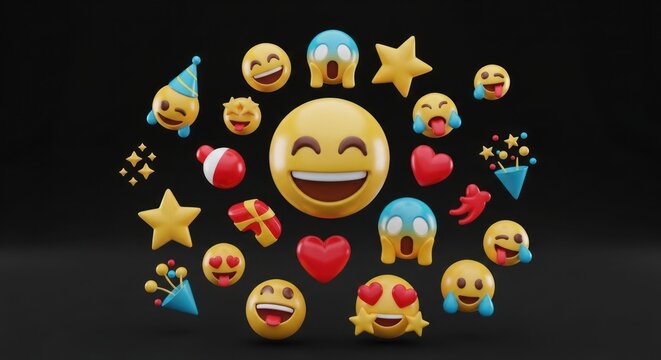 3D rendered emojis, featuring various expressions and shapes, on black background