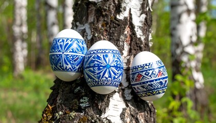 Decorated eggs on birch tree trunk