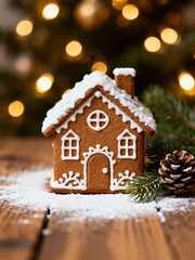 과자를 구워 만든 집, 흰색 아이싱으로 꾸몄다.