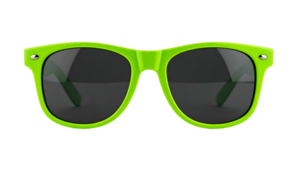 Bright green sunglasses with dark lenses, a classic rectangular frame, set against black