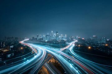 Obraz premium Data stream light trails: City skyline radiant light trails evoke sense of technological wonder and urban energy on vibrant night