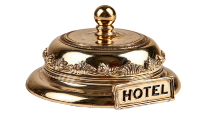 Shiny metal service bell with round base and press button for reception or hospitality isolated on white background