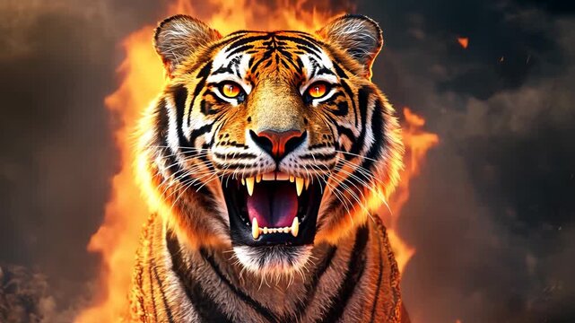 Wild Tiger with Glowing Fire and Embers, Fiery Aura, Roaring