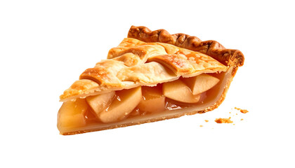 A single slice of golden-brown apple pie with a flaky crust, isolated on black