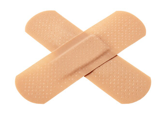 Two beige adhesive bandages crossed isolated on transparent background, medical first aid plaster for wound care and protection