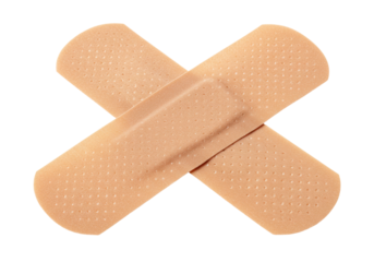 Two beige adhesive bandages crossed isolated on transparent background, medical first aid plaster for wound care and protection