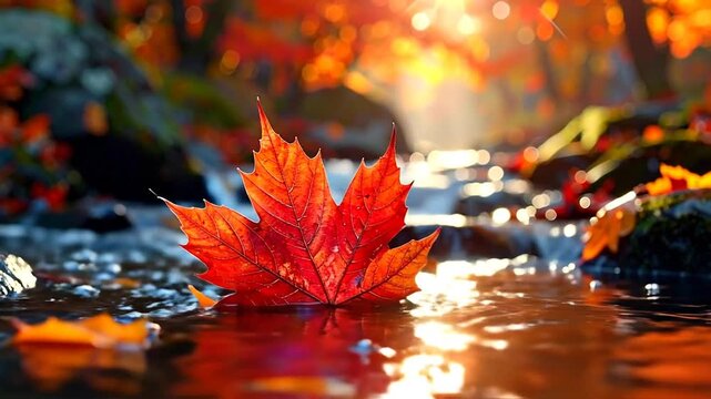 A vibrant red maple leaf floats serenely on the surface of a shallow, flowing stream, bathed in the warm, golden light of an autumn sunset, surrounded by blurred autumnal foliage and mossy rocks