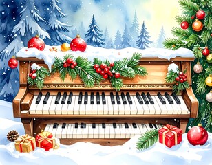 Piano decorated for Christmas in snowy forest