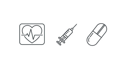 Minimalist black line art medical icons - heart with ECG, syringe, and capsule pill, representing health and treatment.