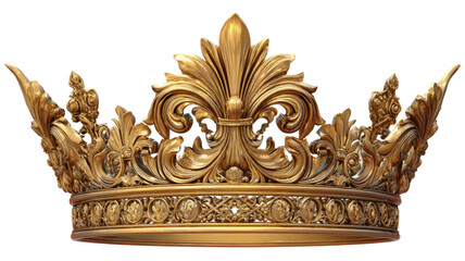 Elegant golden crown with shiny metallic finish and royal gemstone details for luxury decoration isolated on white background