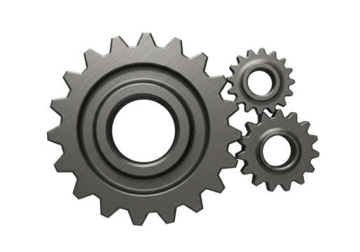 Three metal gears meshing isolated PNG on transparent background, cogwheel mechanism for engineering and industrial design