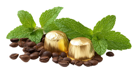 Delicious dark chocolate pieces with fresh green mint leaves and sweet dessert flavor combination isolated on white background