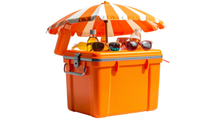 Orange cooler, umbrella, sunglasses, and bottles for refreshing drinks. A sunny day scene