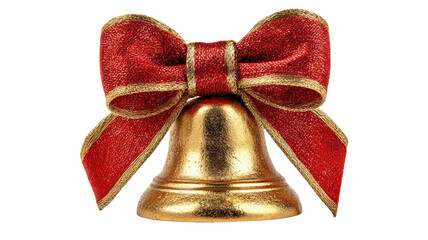Beautiful golden Christmas bells with red ribbon and green leaves for festive holiday decoration isolated on white background