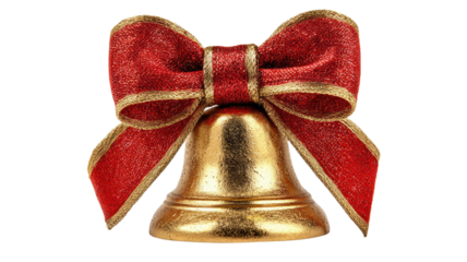 Beautiful golden Christmas bells with red ribbon and green leaves for festive holiday decoration isolated on white background