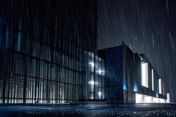 Brutalist Structure Heavy Rain Night