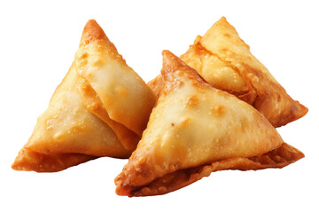 Three golden brown fried samosas arranged on a black background food pastry, Isolated On Transparent Background, Png Cut Out