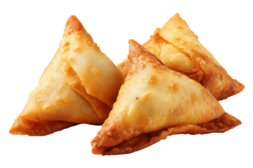 Three golden brown fried samosas arranged on a black background food pastry, Isolated On Transparent Background, Png Cut Out
