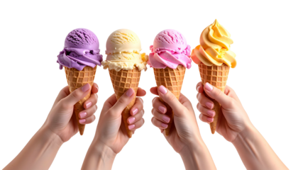 Four hands holding colorful ice cream cones against a transparent backdrop