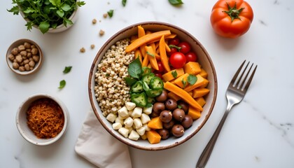 Vibrant Bowl of Fresh Vegetables and Quinoa Garnished with Herbs on a Marble Surface
