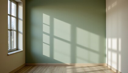 Fototapeta premium Sunlight Casting Soft Shadows on a Minimalist Green Room with Large Windows in a Modern Interior