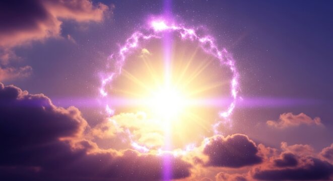 Bright sunburst through clouds with a glowing purple ring - Powered by Adobe