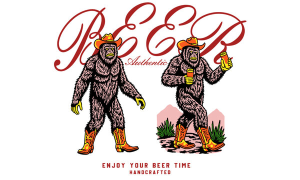 Retro artwork of a bigfoot character drinking beer. Vintage illustration with Enjoy Your Beer Time quote for t shirt print