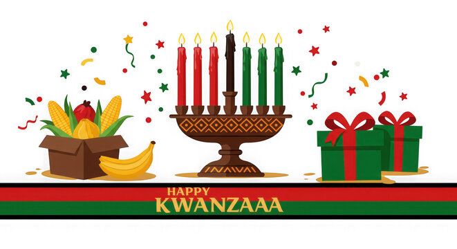Celebrate kwanzaa with festive elements candles gifts and harvest for a cultural tradition event on transparent background