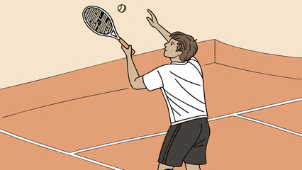 Illustration of a tennis player serving a ball on a court with a racket in hand ready to hit the ball