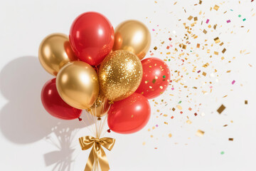 A vibrant bouquet of red and gold balloons with sparkling details, featuring golden confetti flying dynamically against a clean white background, symbolizing festive celebration and joyful atmosphere.