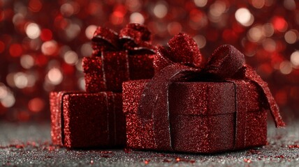 Stacked christmas gift boxes with red glitter wrap and matching red ribbons on festive holiday background