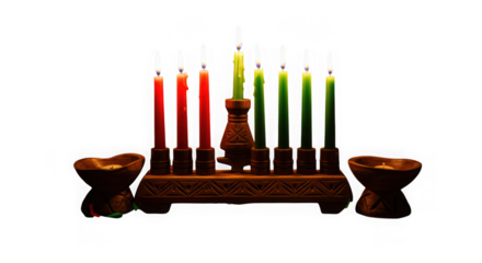Celebrate kwanzaa with kinara candles and unity cup for african american heritage tradition holiday season on transparent background
