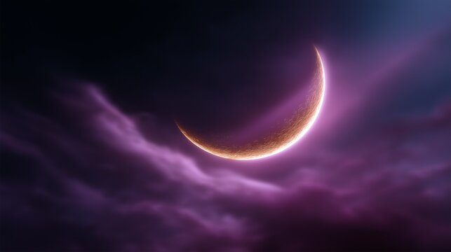 Stunning close-up of a slender crescent moon glowing brightly with a golden-orange edge, surrounded by dark purple and pinkish clouds - Powered by Adobe