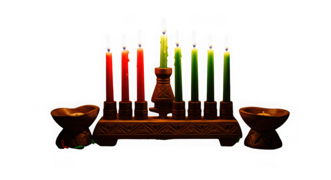 Celebrate kwanzaa with kinara candles and unity cup for african american heritage tradition holiday season on transparent background