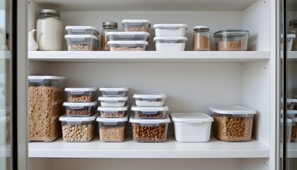 Organized Kitchen Pantry with Clear Storage Containers Filled with Dried Food Items