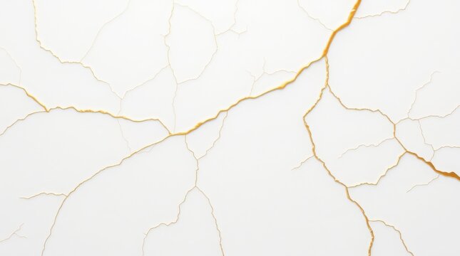 Abstract shimmering gold kintsugi crack texture. White minimal surface with luxury elegant pattern. Decorative modern background for stylish design.