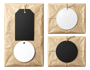 Four packages in brown paper tied with string, each has a tag black rectangle, white circle, black circle, white circle