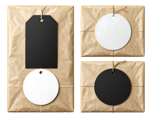 Four packages in brown paper tied with string, each has a tag black rectangle, white circle, black circle, white circle