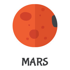 Mars, the red planet, featuring its dusty, cratered surface, presented in a flat icon design