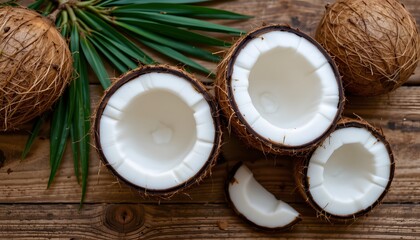 Freshly Sliced Tropical Coconut Halves with Natural Shells on a Rustic Wooden Background