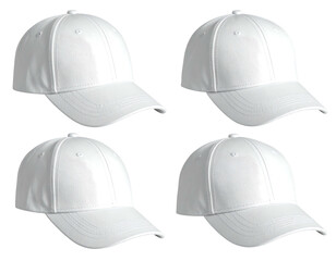 Four plain white baseball caps are displayed against a black background in a symmetrical arrangement