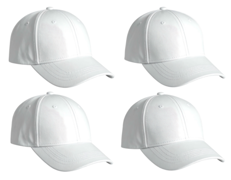Four plain white baseball caps are displayed against a black background in a symmetrical arrangement