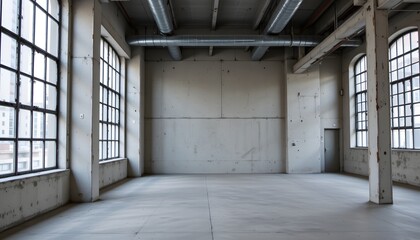 Empty Industrial Space with Large Windows and Concrete Walls in Urban Environment