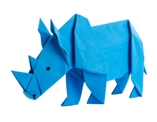 A blue paper rhino origami art isolated on black, folds creating texture and a charming crafted aesthetic