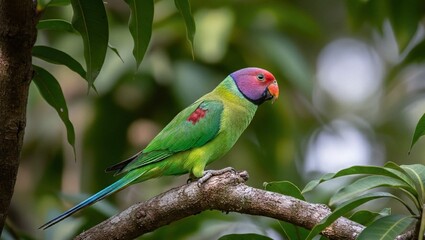 Vibrant parrots with striking plumage are perched on a branch, creating a stunning display of tropical colors. An eye-catching image of these exotic birds, perfect for themes of nature and wildlife.